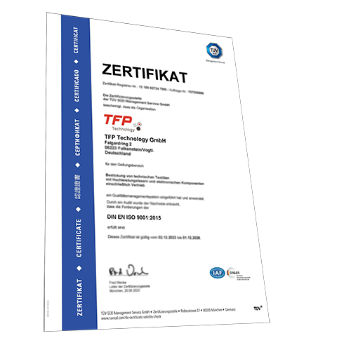 ISO Zertifikat TFP Technology: Hersteller für Faser-Preforms, elektrische Heizelemente & textile Sensoren